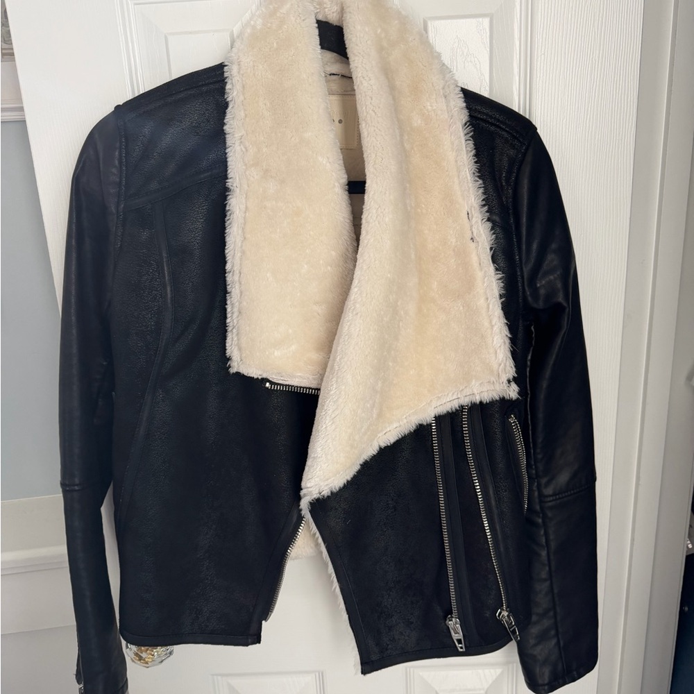 Blank NYC Black Leather Jacket with Cream Collar